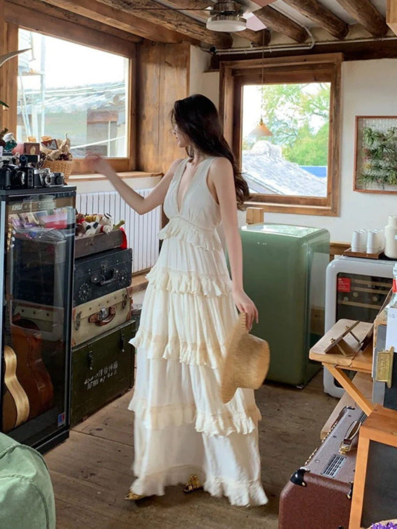 French Soft Ruffle Tiered Maxi Dress Cotton Linen Vacation Gown for Summer Gunne Sax Dress