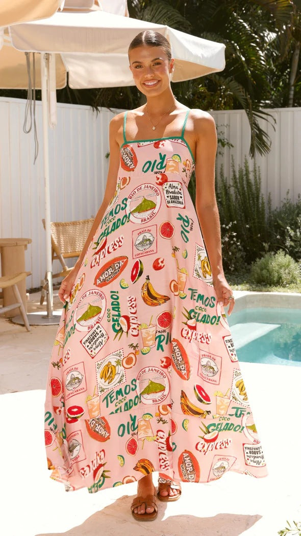 Summer Printed High Waist Seaside Holiday Swing Dress Long Dress