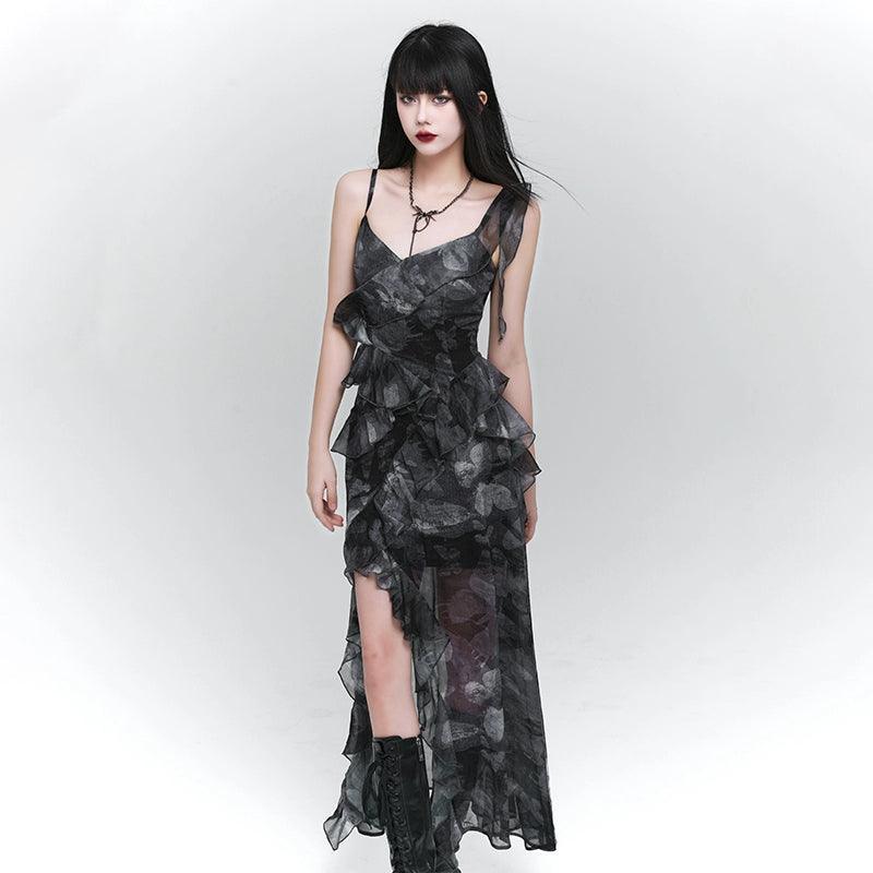 Ladyghost Dark Glamour Asymmetrical Maxi Dress - Sheer Print Ruffle Dress With High Slit