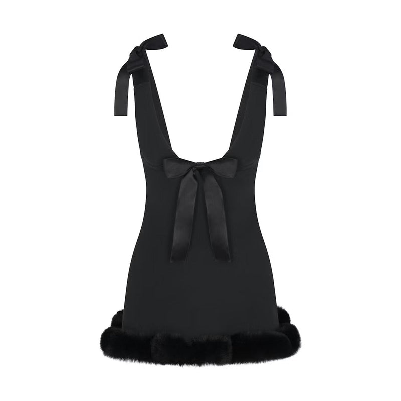 Satin Bow Strap Fur Trim Mini Dress
