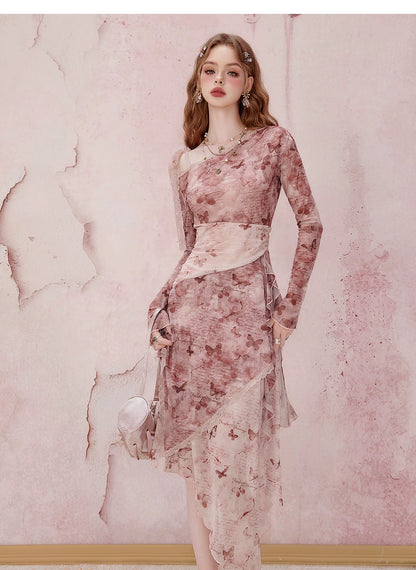 Pink Long Sleeve Midi Dress