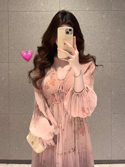 French Pink Long Sleeve Maxi Dress V-neck Fairycore Gown Gunne Sax Dress