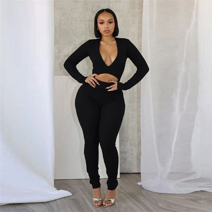 Autumn Winter Deep V Plunge Neck Cropped Tight Long Sleeve Color Sports Jumpsuit