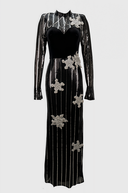 Aelik High Neck Sequin 3d Flower Maxi Dress