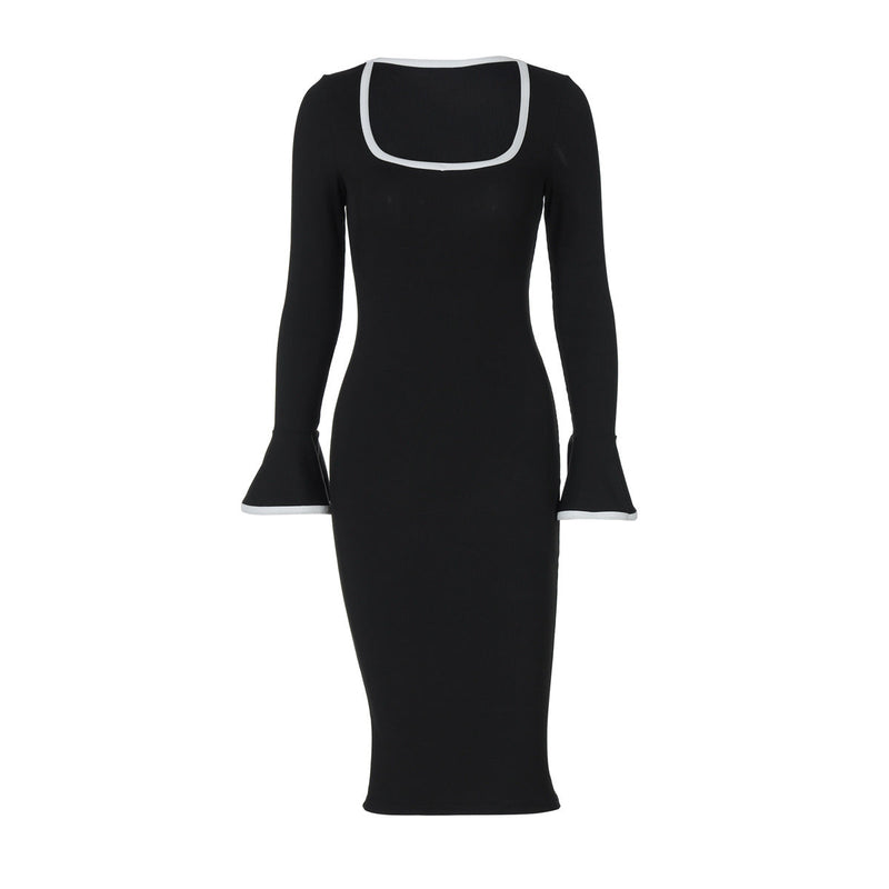 Clothing Winter Square Collar Contrast Color Knitted Midi Dress Bell Sleeve Sheath Dress