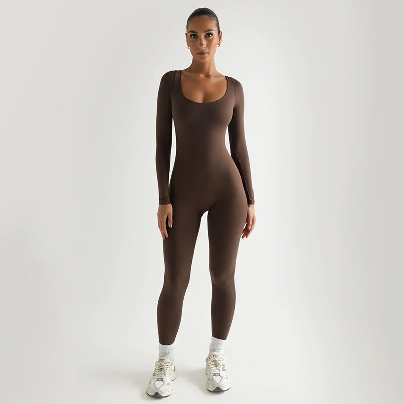 Soft High Elastic Long Sleeve Tights U Collar Stitching Trousers Jumpsuit