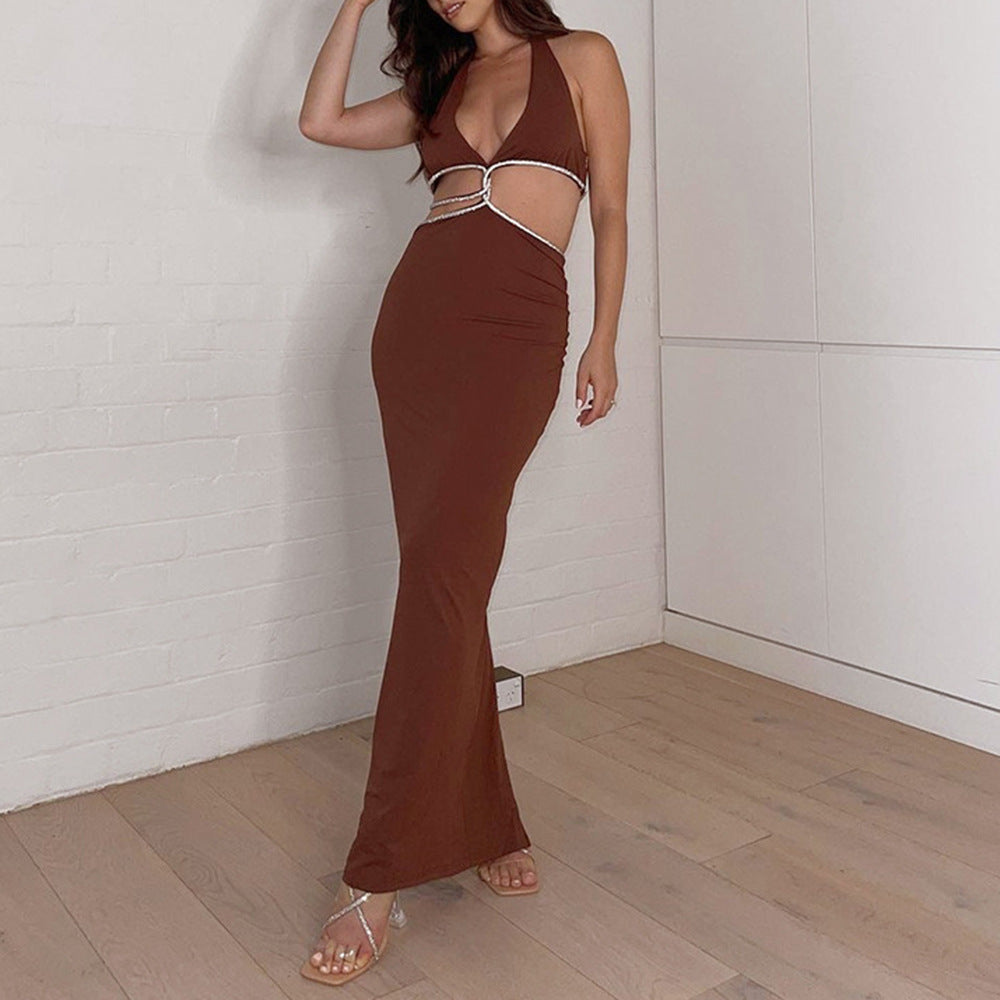 Cropped Outfit Halter Diamond Rope Maxi Dress