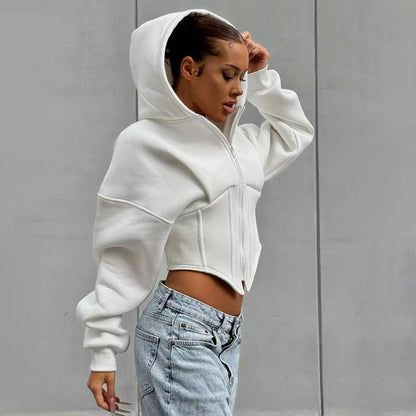 Autumn Winter Zipper Long Sleeve Hooded Cardigan Cropped Coat Top