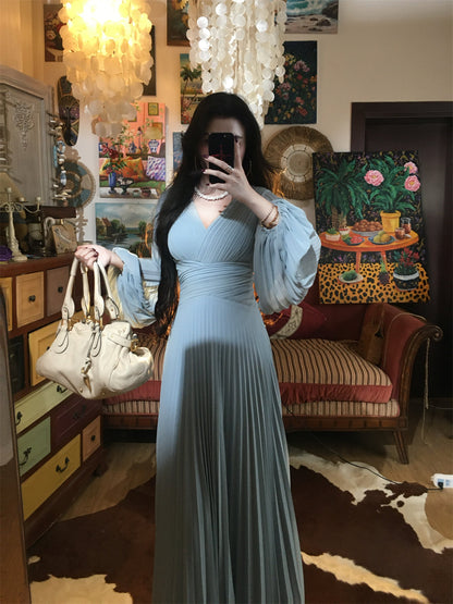 Misty Blue Pleated Panel Maxi Dress Flowy Slimming Gown Gunne Sax Dress