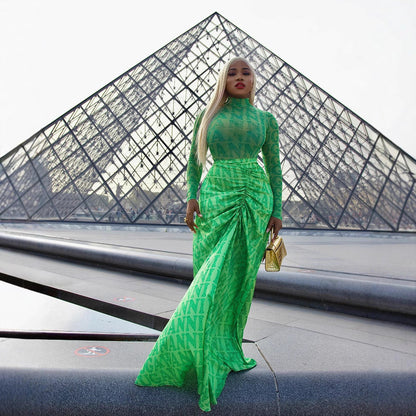 Clothing Autumn Winter Mesh Top Pleating Slim Fit Maxi Dress Two Piece Set