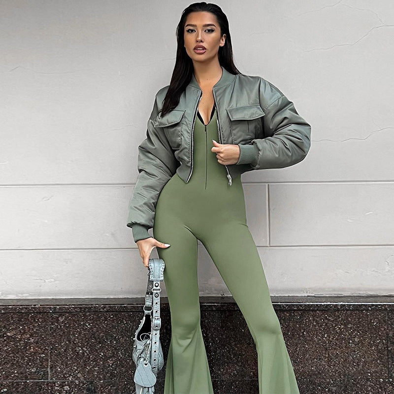 Clothing Winter Color Tight Zipper Sports Yoga Jumpsuit