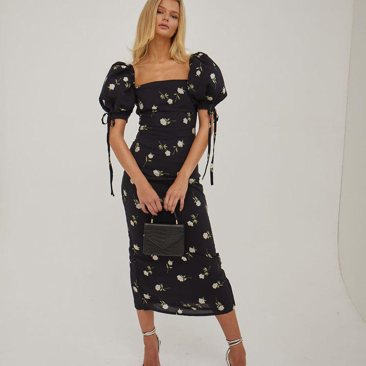 French Clothing Summer Holiday Dress Puff Sleeve Off Neck Slim Fit Long Dress
