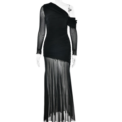 Dress Mesh Stitching Pleated Color Long Sleeve Slim Fit Maxi Dress