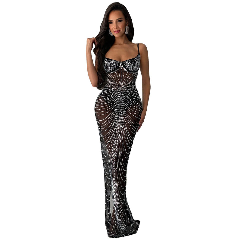 Wear Color Mesh Drilling Sling Maxi Dress