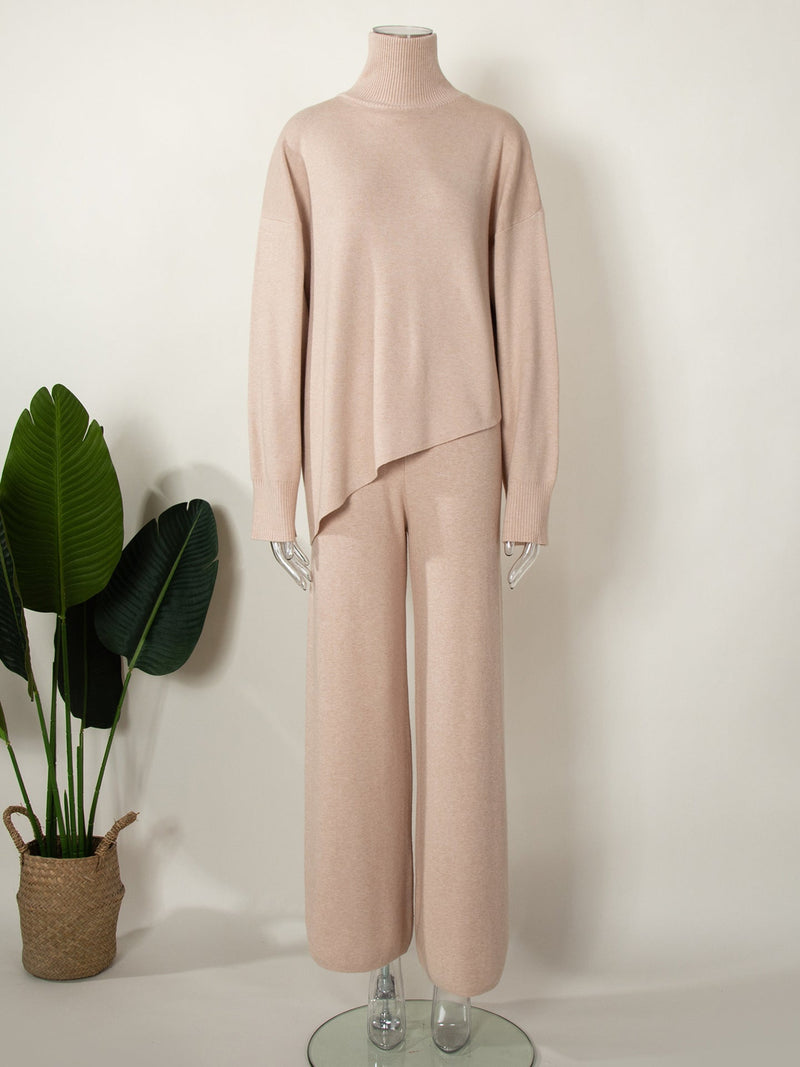 Half Turtleneck Irregular Asymmetric Sweater Suit Beveled Sweater Knitted Wide Leg Pants