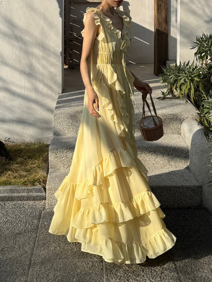 Sunset Ruffle Asymmetrical Maxi Dress Romantic Flowy Vacation Look Gunne Sax Dress