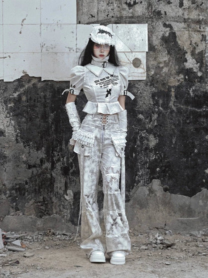 Punk Text Print Puff Sleeve Blouse With Straps and Ruffled Waist Detail