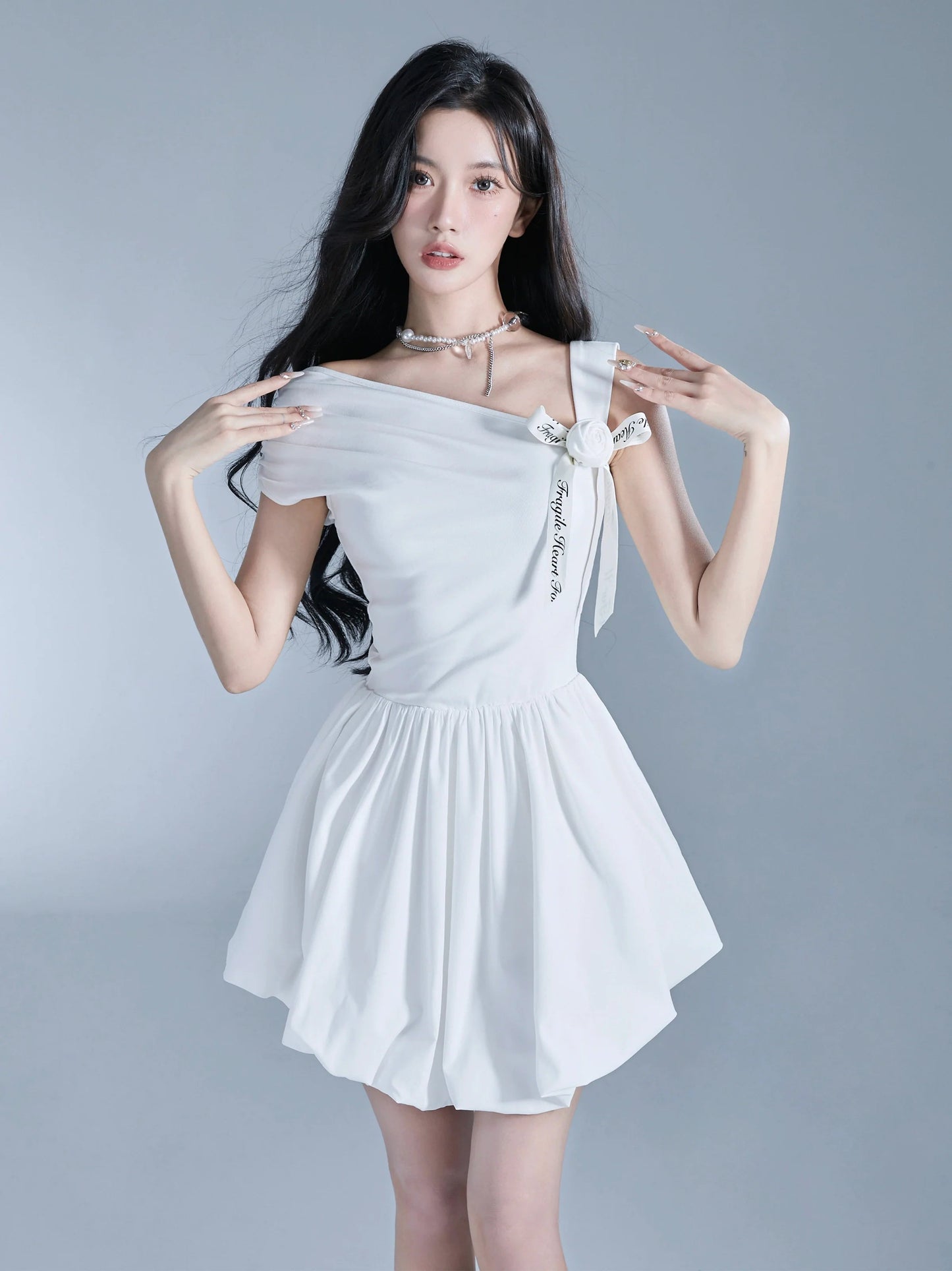 Angelic One-shoulder White Ballerina Mini Dress With Bow Detail