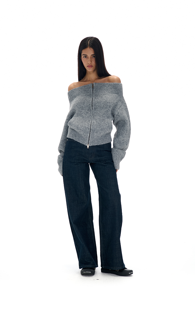 Off-the-shoulder Zipper Knit Cardigan