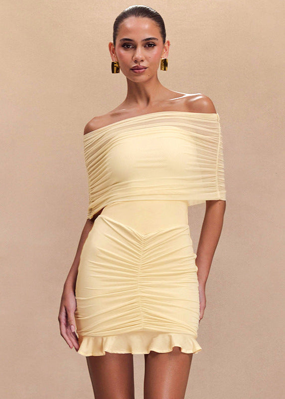 Off-shoulder Mesh Ruched Mini Dress