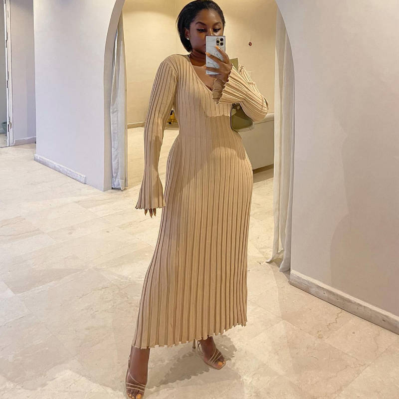 Autumn Winter Knitted Dress Waist Tight V Neck Big Pit Stripe Slimming Knitted Maxi Dress