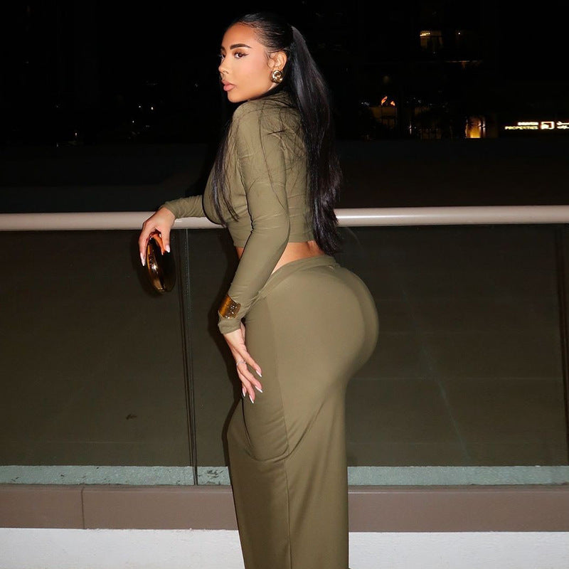 Clothing Comfort Color Cropped Skirt Set Maxi Dress Long Sleeve Diagonal Collar Two Piece Set