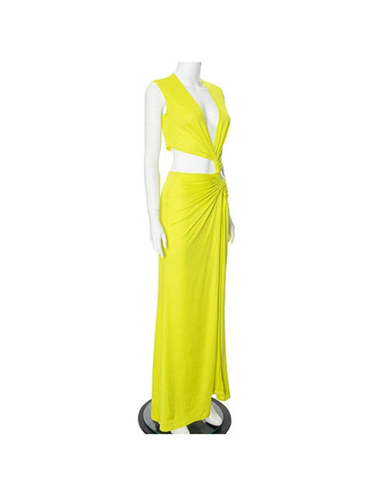 Deep V Neck Hollow Out Cutout Out Slit Slim Maxi Dress