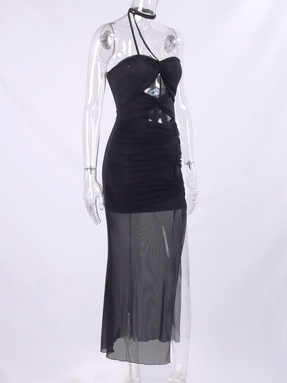 Mesh Hollow Out Cutout Backless See Through High Slit Maxi Dress