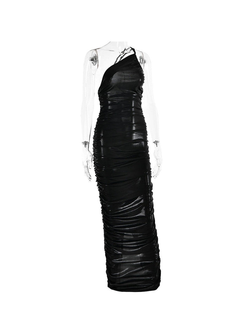 Metallic Coated One Shoulder Sheath Knitted Coated Dress