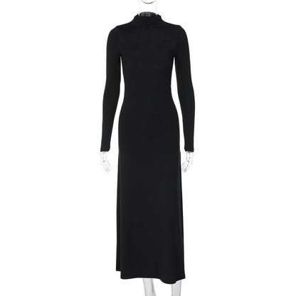 Spring Long Sleeve High Neck Backless Slit Maxi Dress Dress