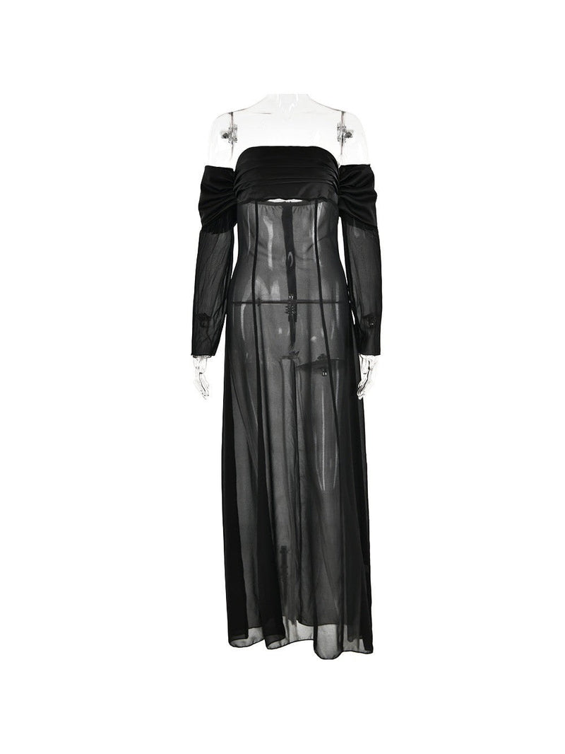 Off Shoulder Tube Long Sleeve See Through Maxi Dress
