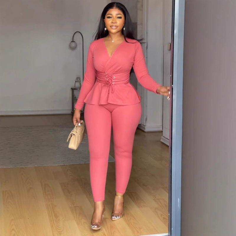 Color V Neck Waist Tight Stretch Long Sleeve Blouse Two Piece Pants Sets