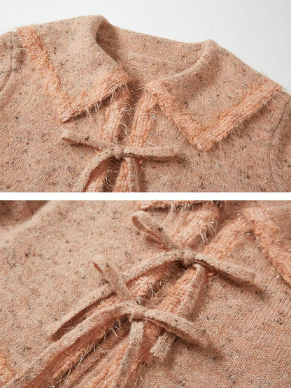 Cropped Knitted Cardigan & Camisole Set With Big Collar