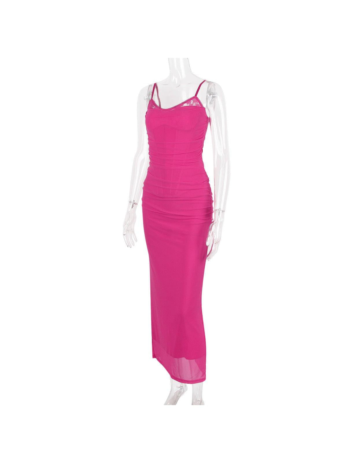 Boning Corset Mesh Lace Stitching Split Maxi Dress