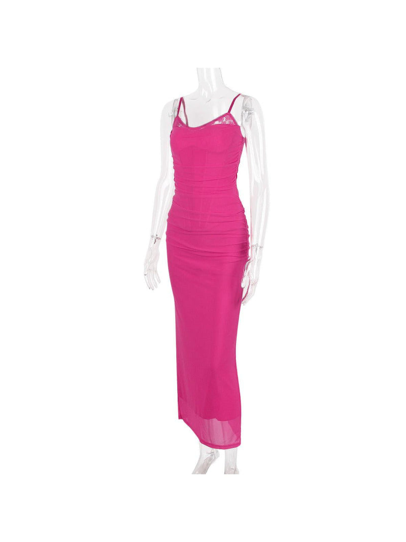 Boning Corset Mesh Lace Stitching Split Maxi Dress