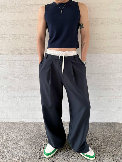 Weave Studio Navy Wide Leg Trousers - Elastic Waist Drawstring Pants With Pleated Front