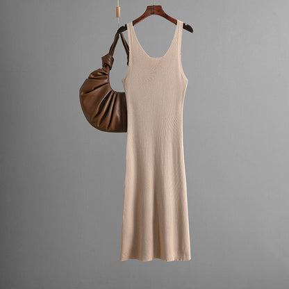 Knitted Sling Dress Summer Color Back Slit Sheath Maxi Dress