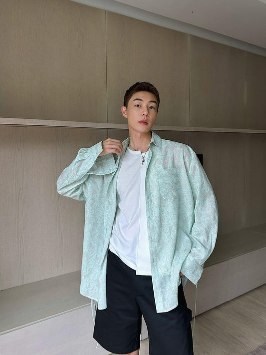 Weave Studio Mint Green Jacquard Oversized Shirt - Long Sleeve Button-up Blouse