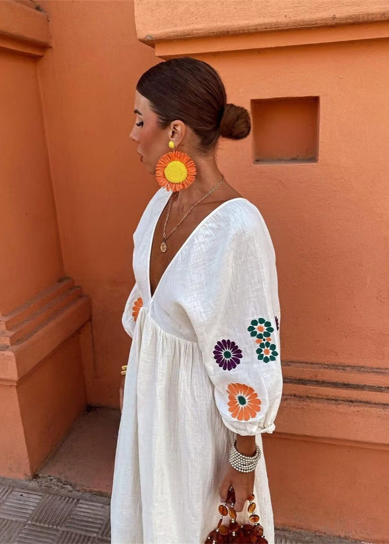 Solana Embroidered Maxi Dress – Open-back With Balloon Sleeves