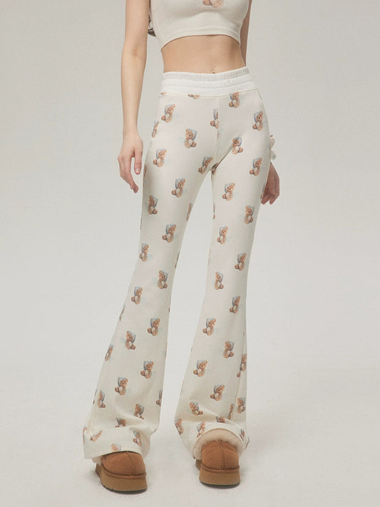 Bear Print Pants With Subtle Flare Leg