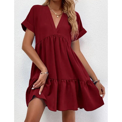 Color Loose Waist Midi Dress V Neck Dress for