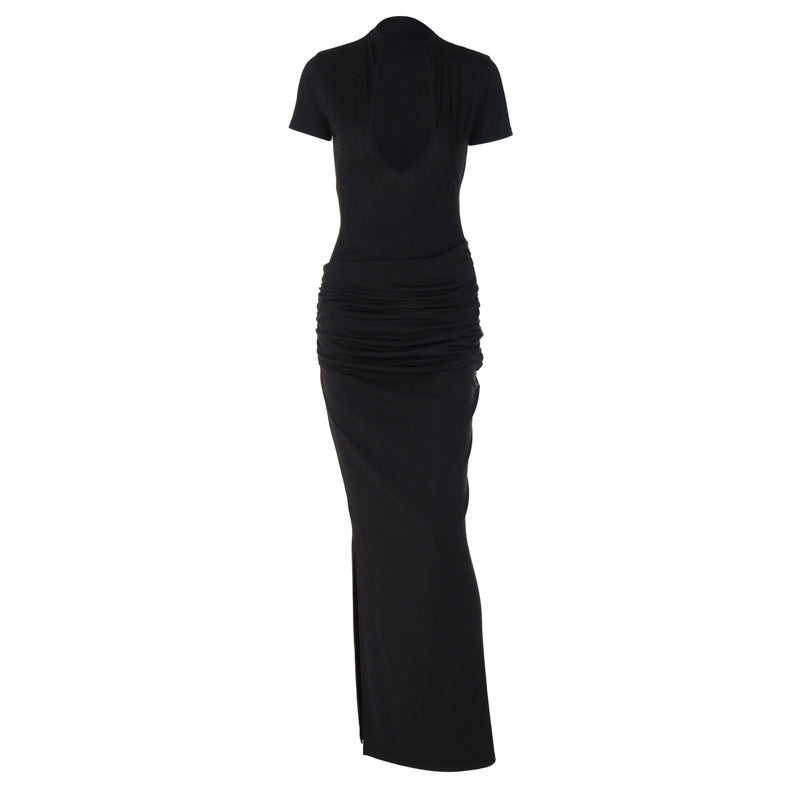 Winter Clothing Deep V Plunge Short Sleeve Color Pleated Maxi Dress