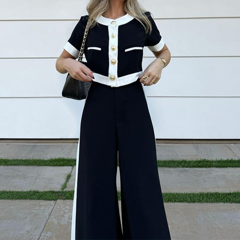 Autumn Winter Clothing Office T Shirt Shory Top Straight Leg Pants Suit Two Piece Set