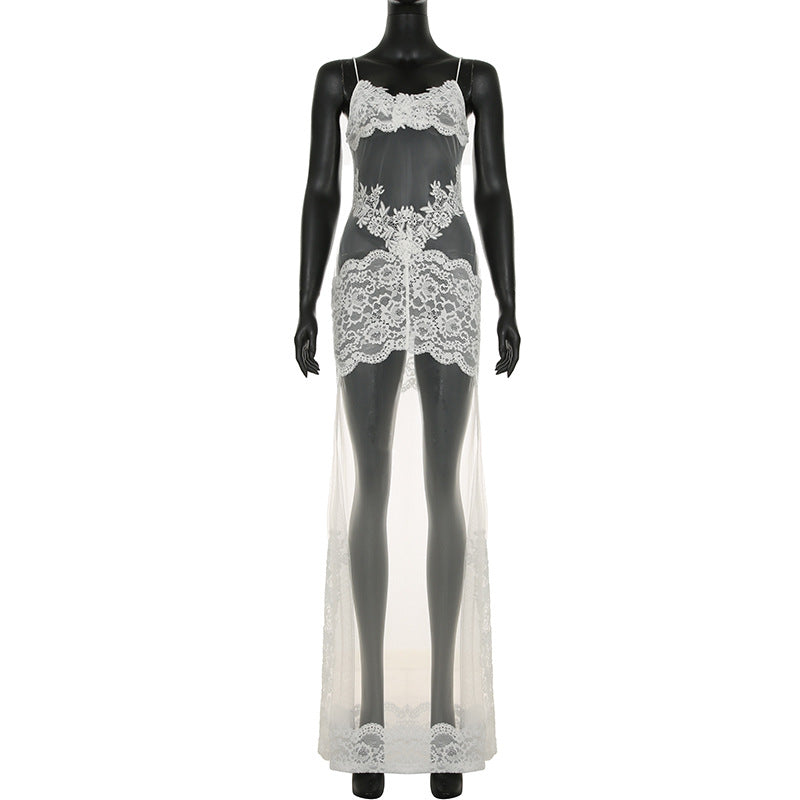 Summer Mesh Lace Lace Spaghetti Strap Dress See Through Nightdress Vacation Maxi Dress