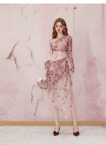 Pink Long Sleeve Midi Dress