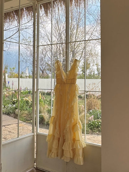 Sunset Ruffle Asymmetrical Maxi Dress Romantic Flowy Vacation Look Gunne Sax Dress
