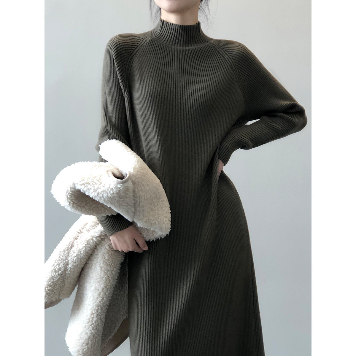 Knitted Dress Winter Half Turtleneck Bottoming Sweater Mid Length Overknee Dress