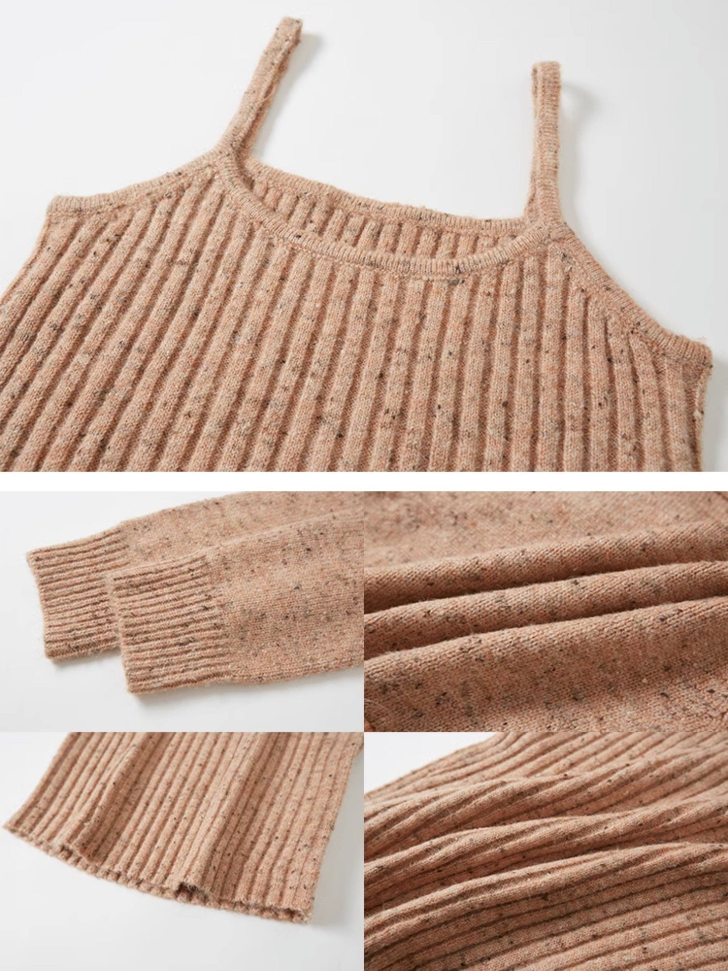 Cropped Knitted Cardigan & Camisole Set With Big Collar