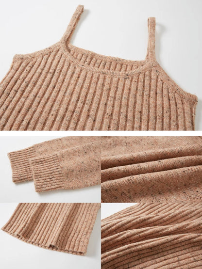 Cropped Knitted Cardigan & Camisole Set With Big Collar