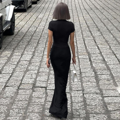 Winter Clothing Deep V Plunge Short Sleeve Color Pleated Maxi Dress